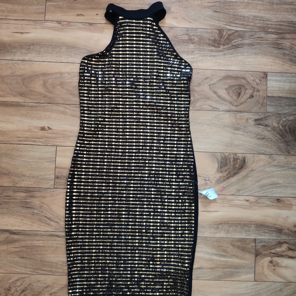 Black and Gold Sequence Halter Dress